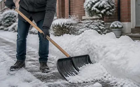 Gloved hands push a shovel through deep snow as someone clears a path on the pavement