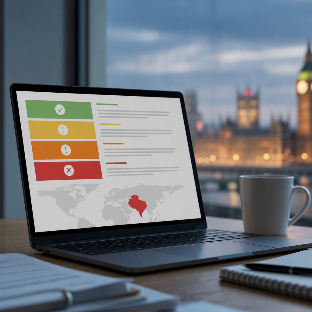 Laptop showing a colour-coded list of travel advice levels beside a coffee mug, with the Houses of Parliament in the background