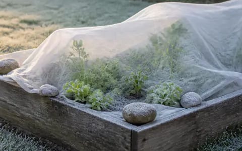 Young seedlings under white fleece in a raised bed, protected from frost on a cold morning
