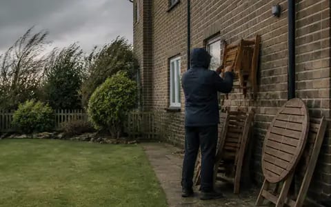 Hands secure a wooden folding chair against a brick wall beside a leaning garden table