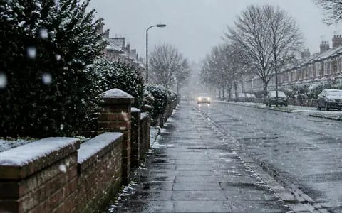 Snowflakes fall onto a wet pavement and road while snow only settles on the brick wall