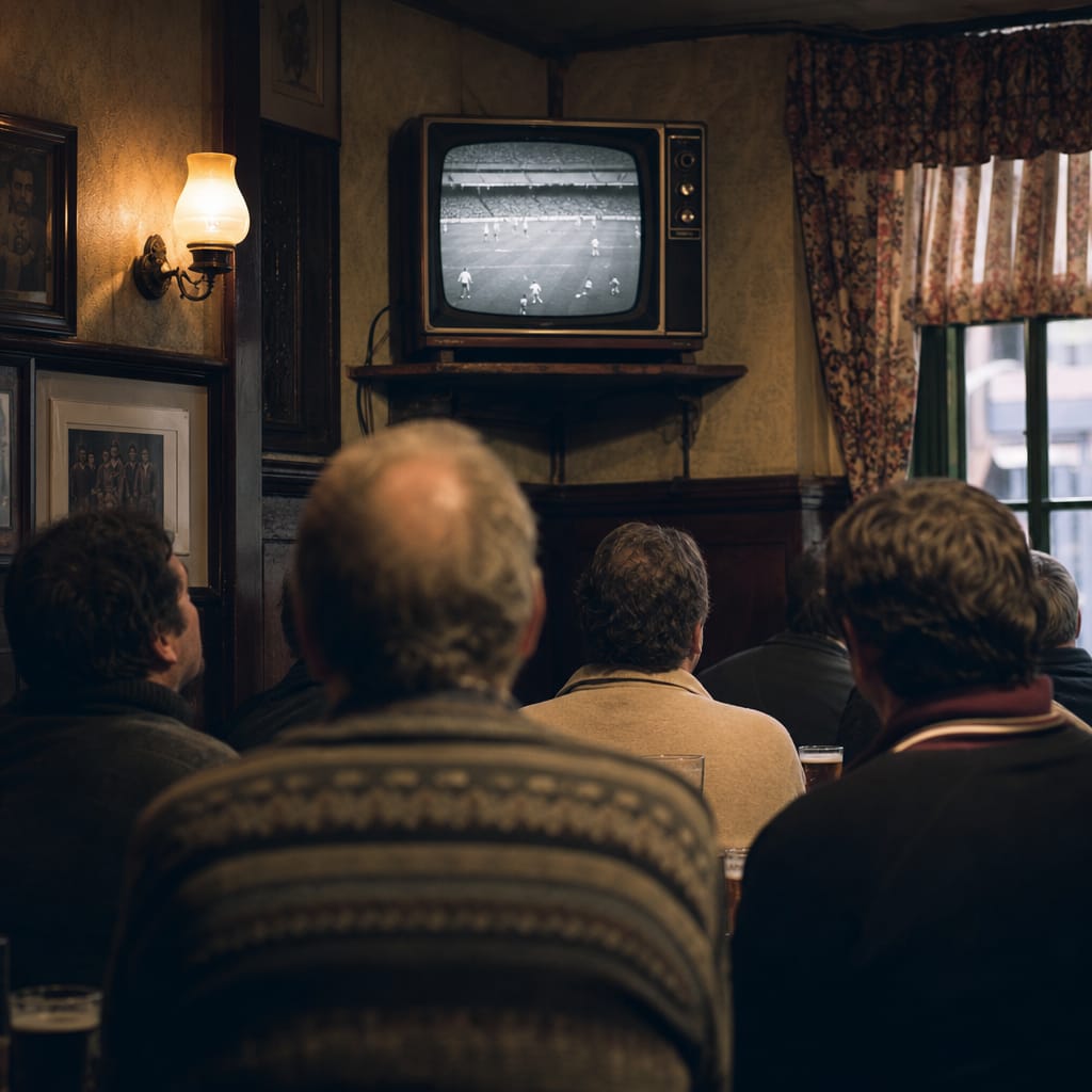 Traditional pub interior with patrons drinking beer