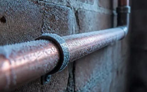 Frost coats a copper water pipe running along a brick wall in cold weather