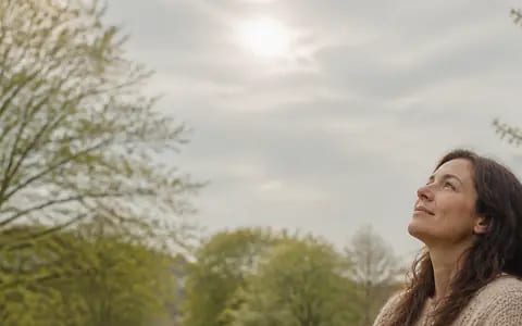 Pale spring sun glowing through thin cloud above a woman resting on a park bench